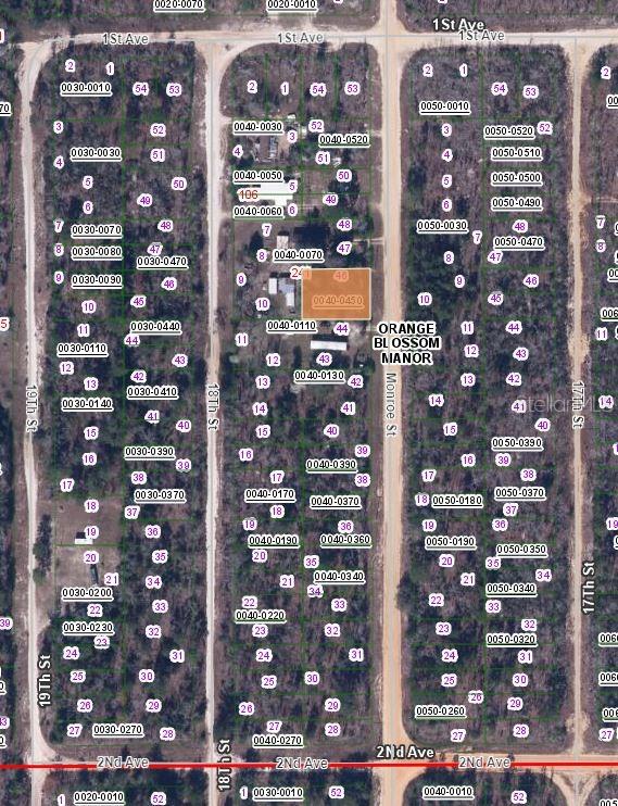 This is a map showing property lot lines and parcel numbers in Orange Blossom Manor — 00 MONROE, INTERLACHEN, FL