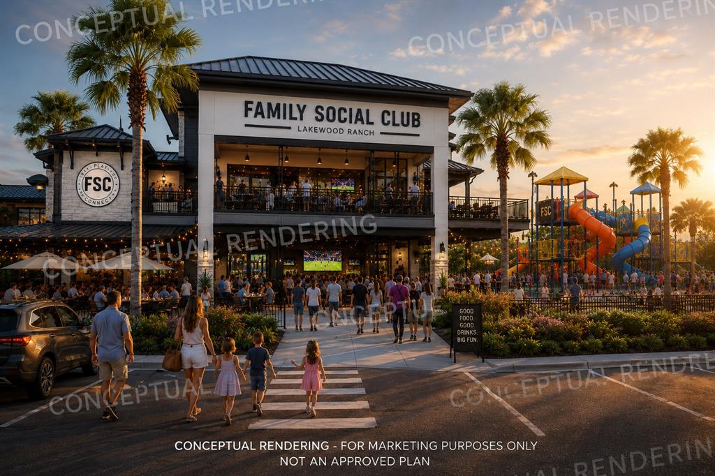 This conceptual rendering shows a two-story Family Social Club building with an outdoor playground area — 6009 EXCHANGE WAY, BRADENTON, FL