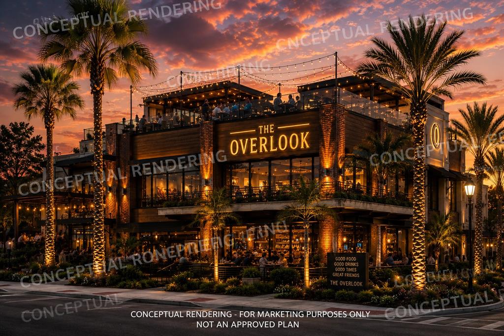 This conceptual rendering shows a two-story restaurant building with a rooftop patio at sunset — 6009 EXCHANGE WAY, BRADENTON, FL