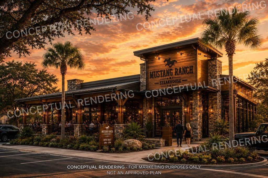 This is a conceptual rendering of a Mustang Ranch steakhouse exterior at sunset — 6009 EXCHANGE WAY, BRADENTON, FL