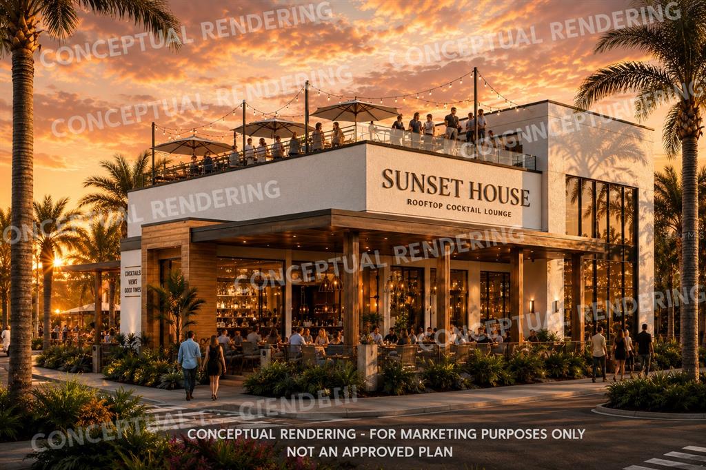 This conceptual rendering shows a two-story building with a rooftop cocktail lounge and outdoor seating — 6009 EXCHANGE WAY, BRADENTON, FL