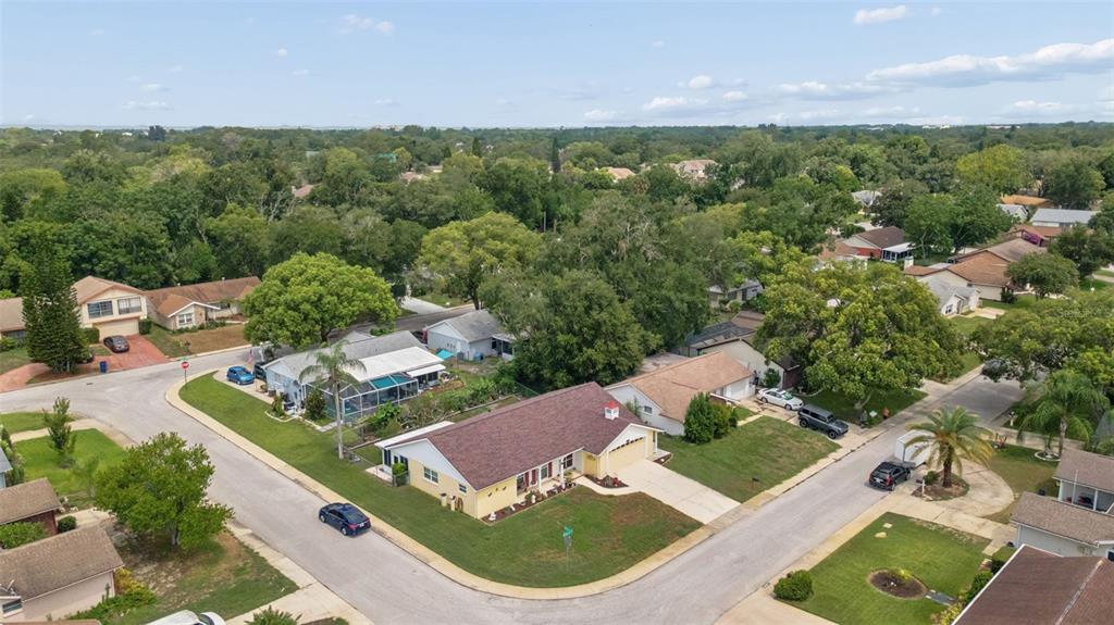 An aerial view of a suburban neighborhood featuring single-story houses, paved streets, and mature trees — 12301 HOUNDS BAY ROW, HUDSON, FL