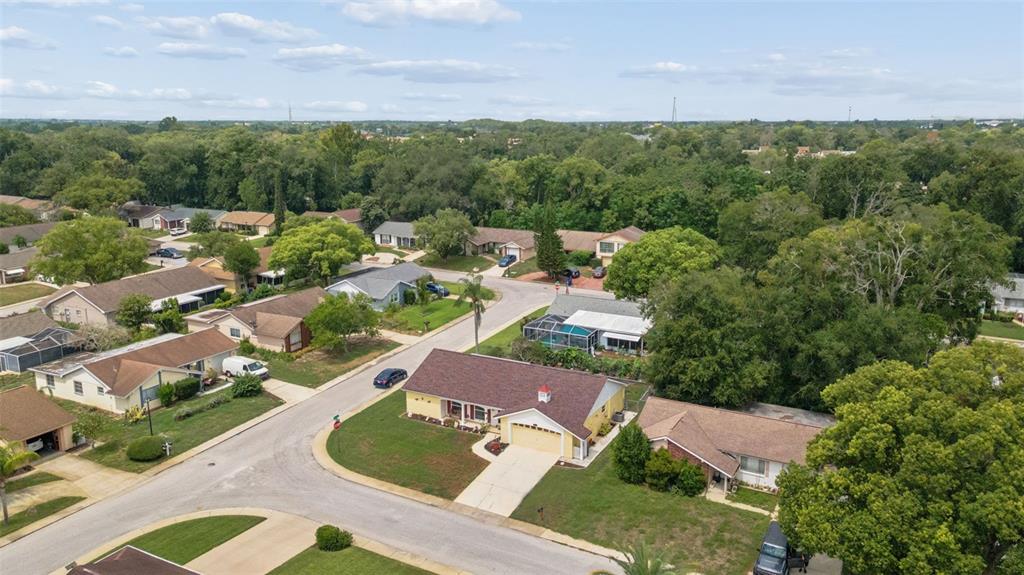 An aerial view shows a suburban neighborhood with single-story houses, paved streets, and mature trees — 12301 HOUNDS BAY ROW, HUDSON, FL