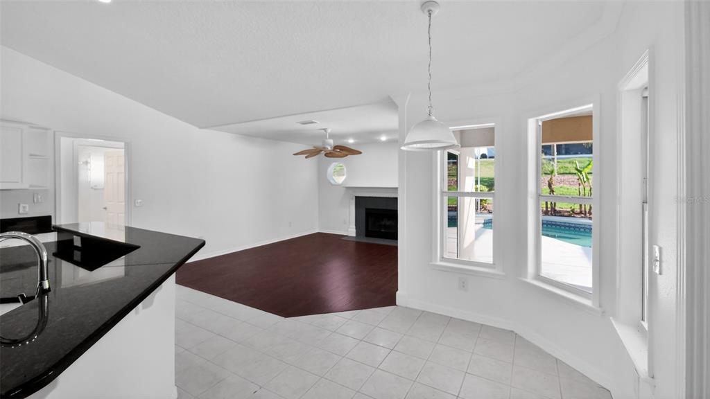 A kitchen with black countertops overlooks a living room with dark wood floors and fireplace — 3325 INDIAN TRAIL, EUSTIS, FL