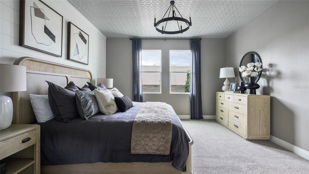 A bedroom features a bed with a rattan headboard, a patterned ceiling, and a dresser — 33607 TWILIGHT SEA PLACE, DADE CITY, FL