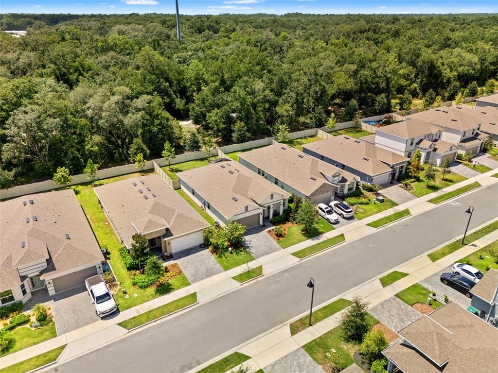 An aerial view shows a row of suburban houses with driveways and a wooded background — 2325 SIRENA LANE, MOUNT DORA, FL