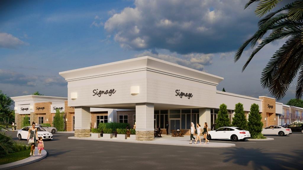 This is a digital rendering of a modern commercial strip mall with a parking lot — 7900 S ORANGE BLOSSOM TRAIL UNIT 1120, ORLANDO, FL