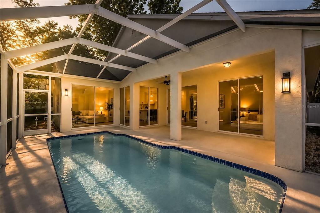 A swimming pool sits on a patio enclosed by a screened lanai attached to a house — 1887 WOOD BEND STREET, TARPON SPRINGS, FL
