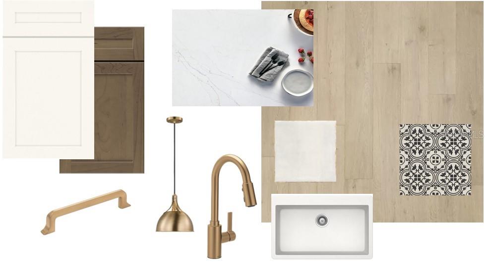 This design board displays kitchen finish samples including cabinetry, countertops, flooring, hardware, and fixtures — 7359 SEMORAN LANE, SARASOTA, FL