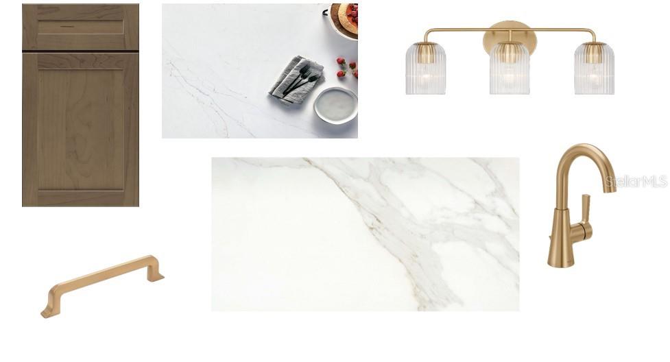 This image is a design mood board featuring cabinet, countertop, lighting, and hardware samples — 7359 SEMORAN LANE, SARASOTA, FL
