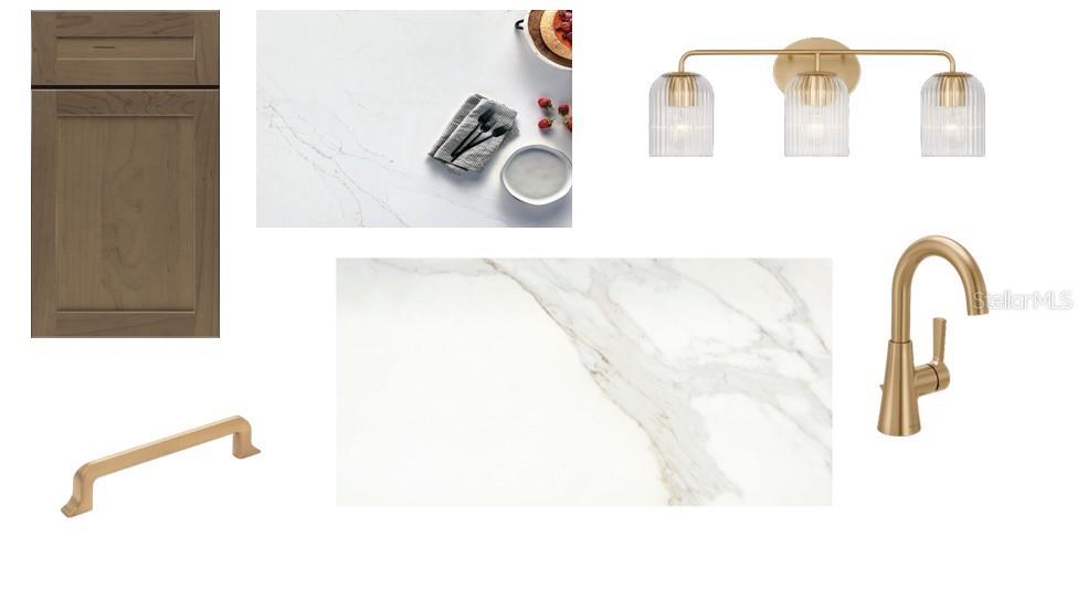 This design board displays kitchen finishes including wood cabinets, marble-look countertops, and gold-toned hardware — 7359 SEMORAN LANE, SARASOTA, FL