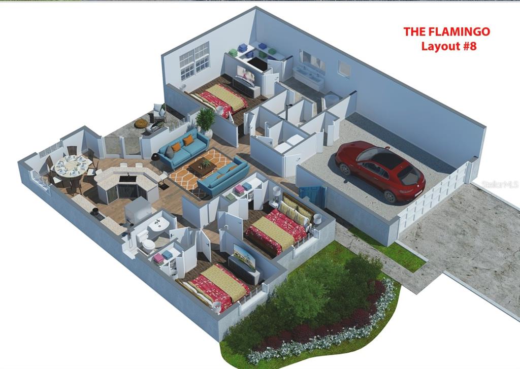 This 3D floor plan rendering shows a three-bedroom home with an attached two-car garage — 5992 TEAL TRAIL, LAKELAND, FL