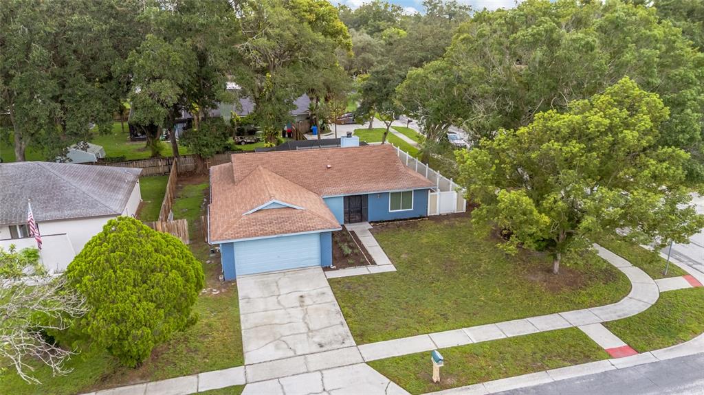 An aerial view of a blue single-story house with a brown roof and concrete driveway — 17717 CRANBROOK DRIVE, LUTZ, FL