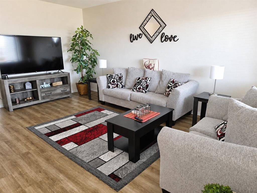 A living room features a grey sofa, a black coffee table, and a geometric area rug — 11251 80TH AVENUE UNIT 306, SEMINOLE, FL