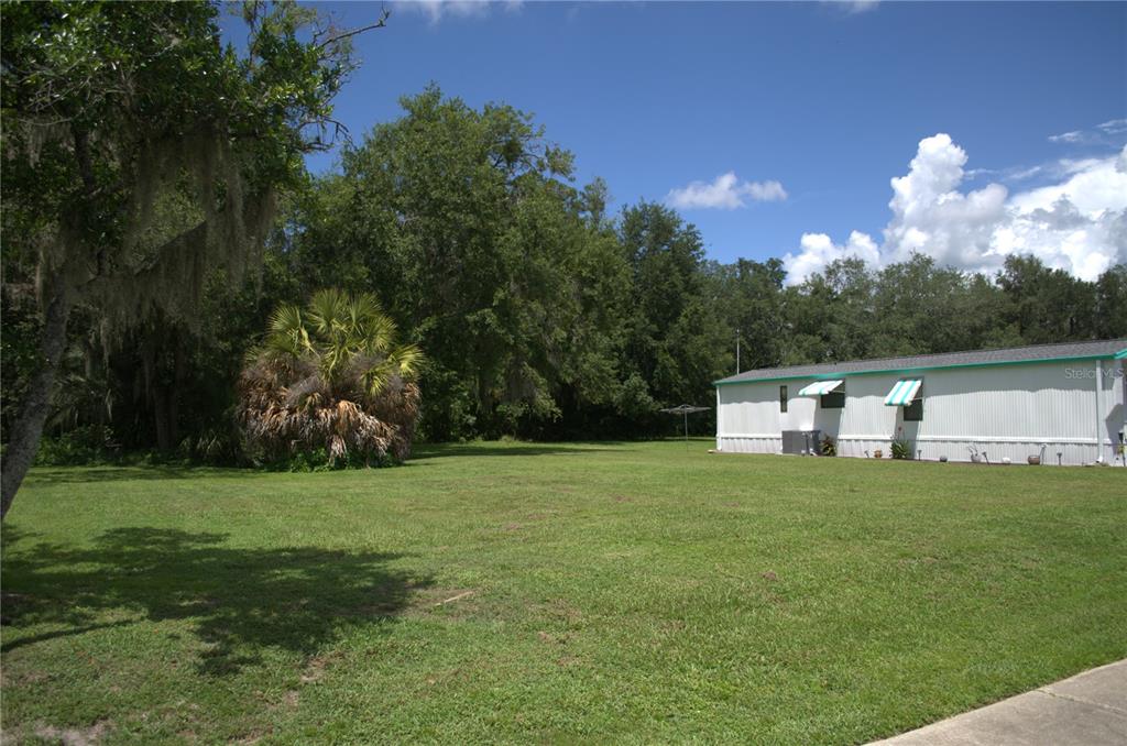 A large grassy yard sits next to a white mobile home with a metal roof — MULLER DRIVE, ZEPHYRHILLS, FL