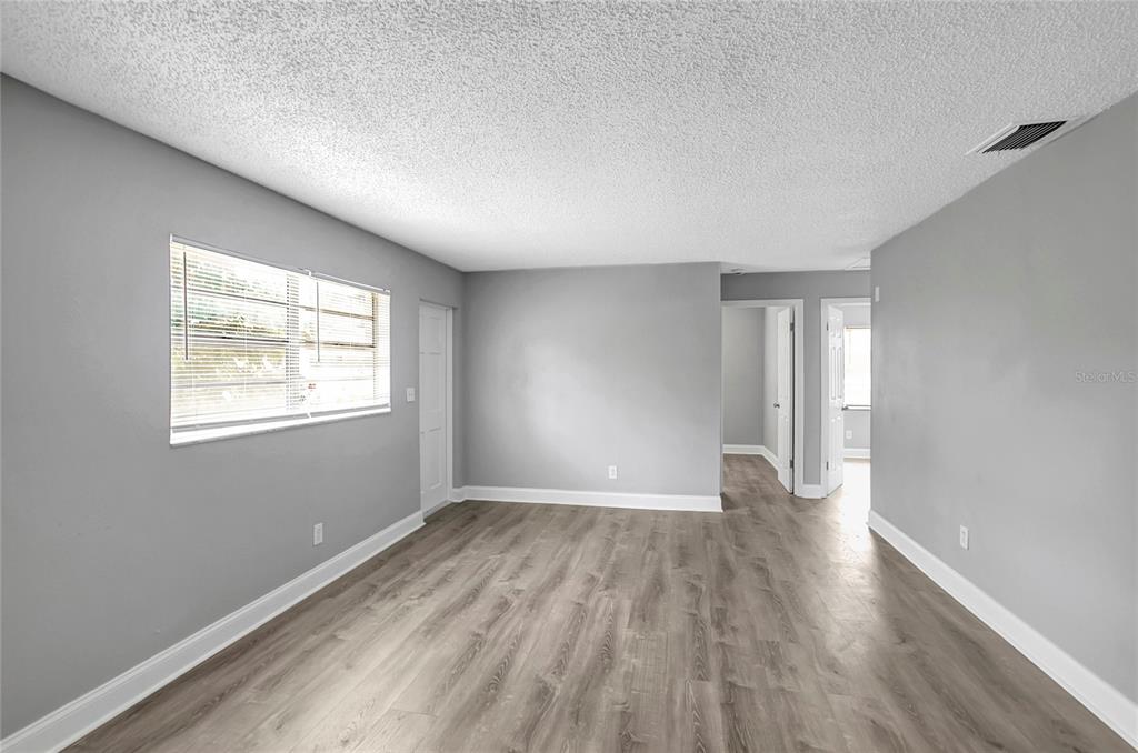 An empty room with gray walls, light wood-look flooring, and a window with blinds — 1615 E SITKA STREET, TAMPA, FL