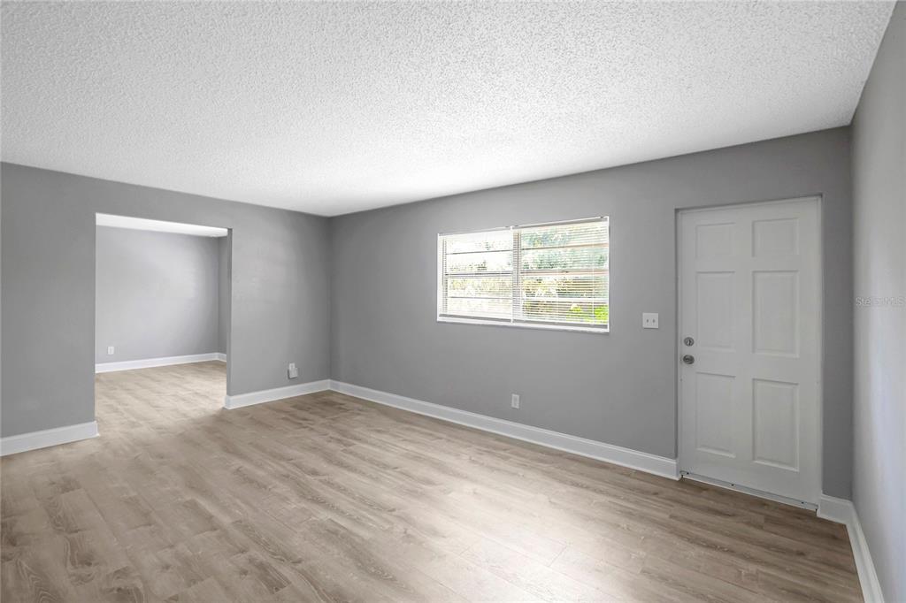 An empty room with gray walls, light wood-look flooring, a window, and a white door — 1615 E SITKA STREET, TAMPA, FL