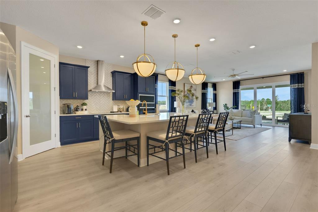 A kitchen with blue cabinets, a large island with seating, and light wood flooring — 17338 WILD DAISY DRIVE, WINTER GARDEN, FL