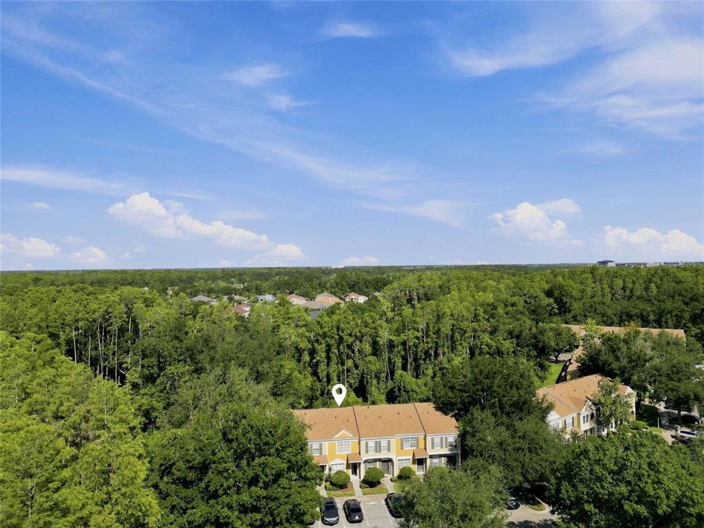 An aerial view of a multi-unit townhouse building surrounded by dense trees under a blue sky — 1339 COSTA MESA DRIVE, WESLEY CHAPEL, FL