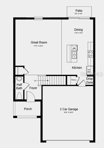 This floor plan shows the first level of a home featuring a garage and patio — 9308 CHISWELL TRAIL, PALMETTO, FL