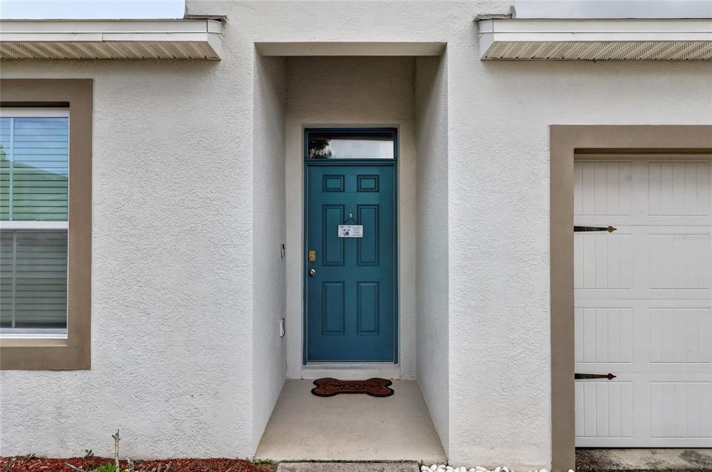 The exterior view shows a white stucco house with a teal front door and garage — 248 LUDISIA LOOP, DAVENPORT, FL
