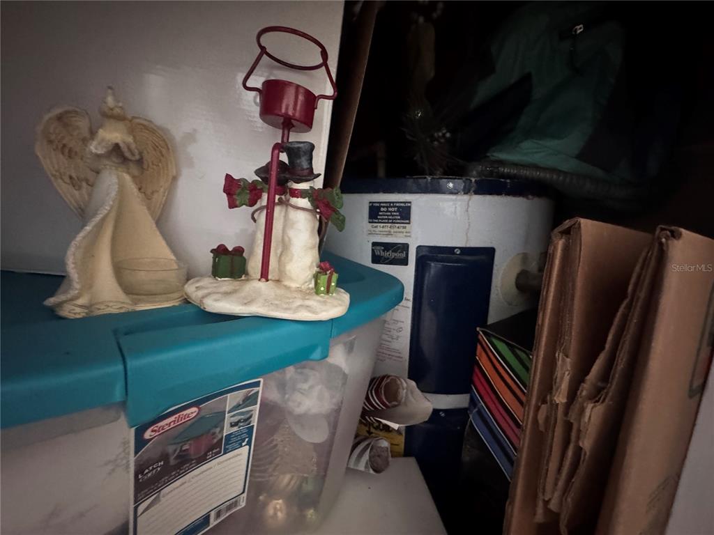 A storage area contains a water heater, a plastic storage bin, and holiday decorations — 1299 WOODMAN WAY UNIT 1, ORLANDO, FL