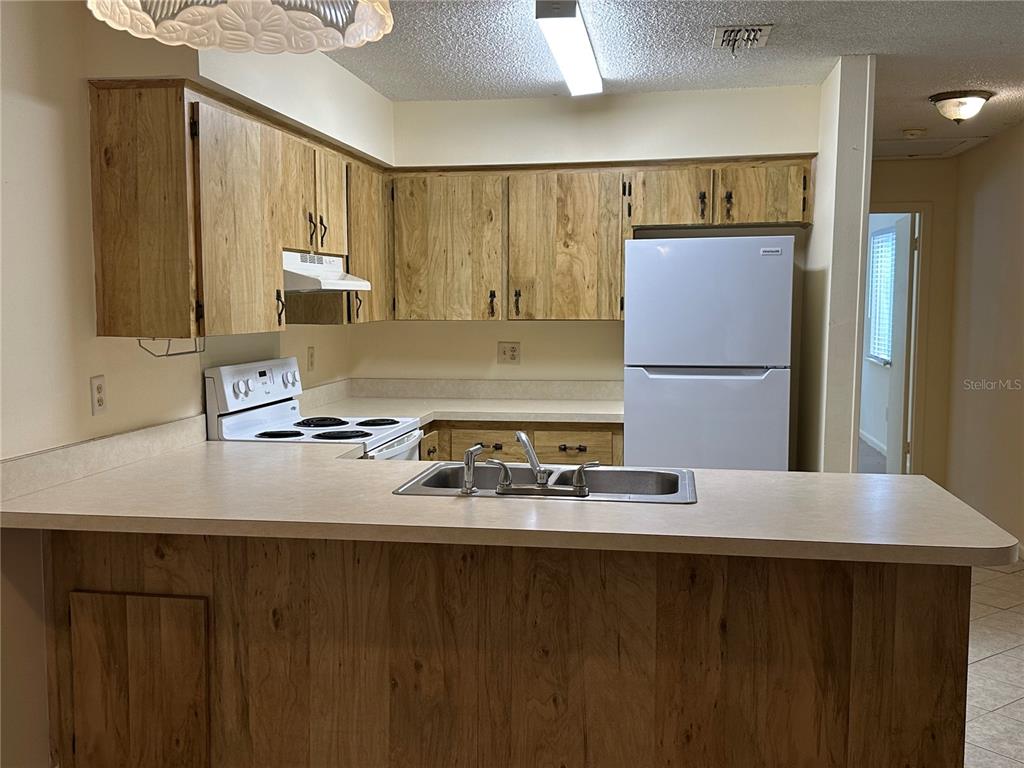 A kitchen features wood-grain cabinets, white appliances, and a peninsula with a double-basin sink — 54 FOREST ROAD UNIT 54, FLAGLER BEACH, FL