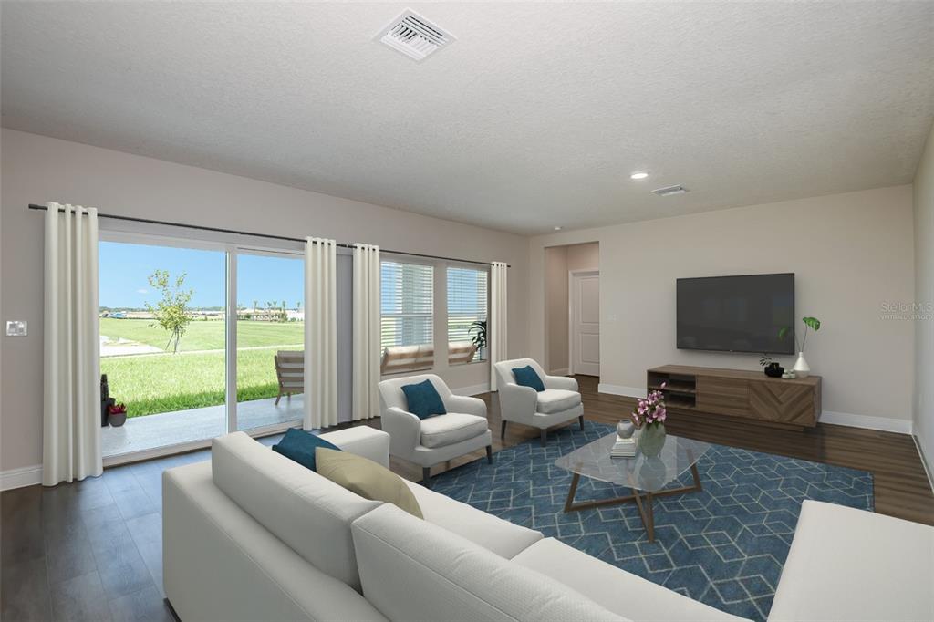 A living room with a white sofa, two armchairs, a blue rug, and sliding glass doors — 31717 BIENVILLE LANE, WESLEY CHAPEL, FL