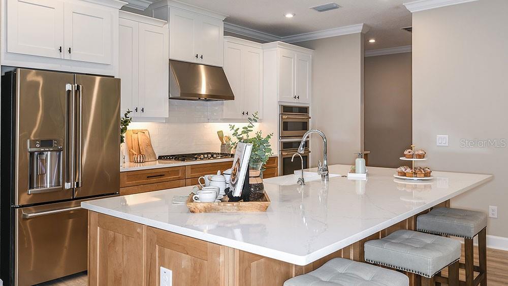 A kitchen features white upper cabinets, wood lower cabinets, a large island, and stainless appliances — 11283 MANOR HOUSE LANE, ODESSA, FL