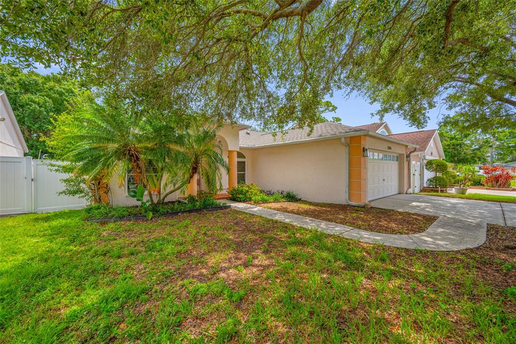 A single-story house with a beige stucco exterior, a two-car garage, and a palm tree — 12965 PINEFOREST WAY W, LARGO, FL