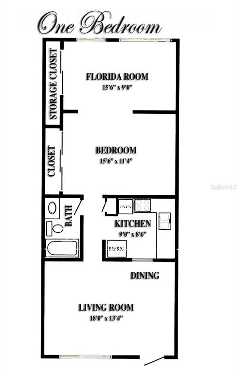 This is a floor plan for a one-bedroom apartment with a kitchen, bath, and Florida room — 2100 WORLD PARKWAY BOULEVARD UNIT 38, CLEARWATER, FL