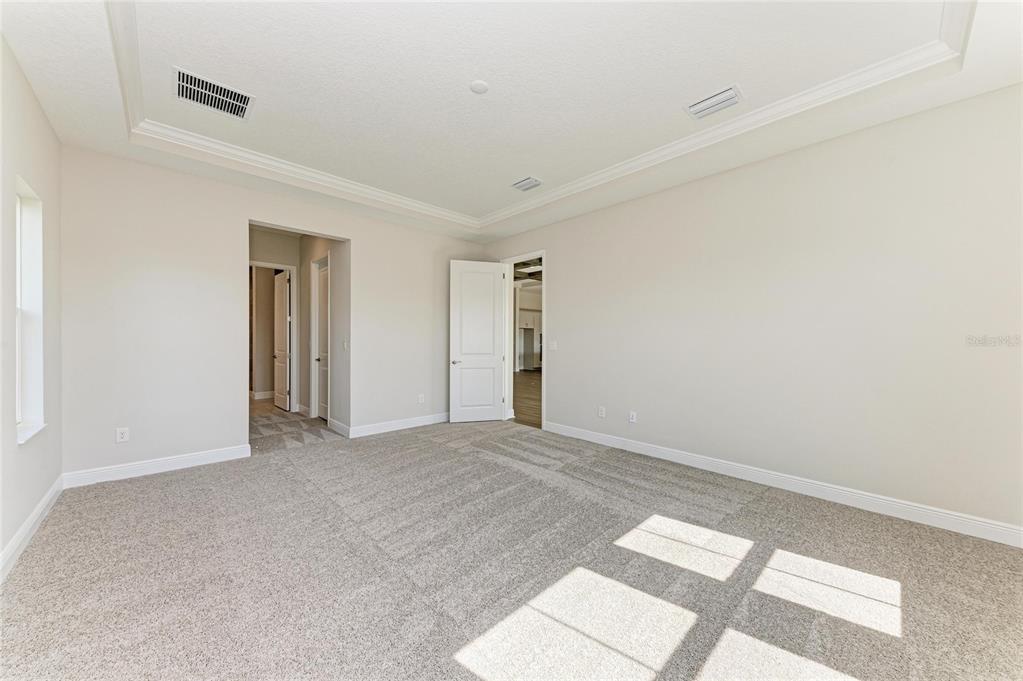An empty bedroom features beige walls, gray carpeting, a tray ceiling, and two doorways — 35576 BIG HAWK DRIVE, ZEPHYRHILLS, FL