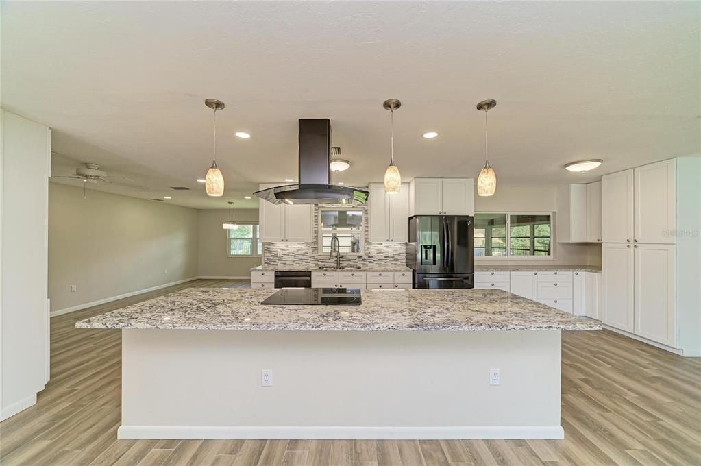 A kitchen with a large granite island, white cabinets, stainless steel appliances, and wood-look flooring — 2011 37TH STREET W, BRADENTON, FL
