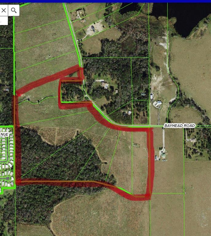 This is an aerial map showing a property boundary outlined in red over rural land — BAYHEAD ROAD Lot 6-9, DADE CITY, FL