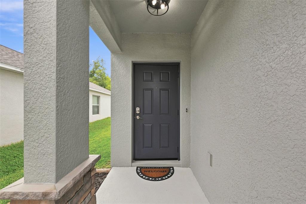 A dark gray front door with a welcome mat sits under a covered entryway — 1403 TRAILWATER STREET, RUSKIN, FL