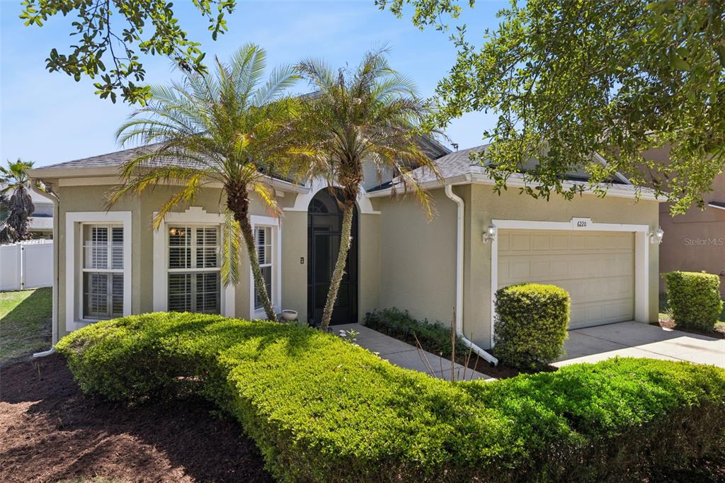 A single-story house with a beige stucco exterior, a two-car garage, and a manicured hedge — 6220 BELDON DR, MOUNT DORA, FL