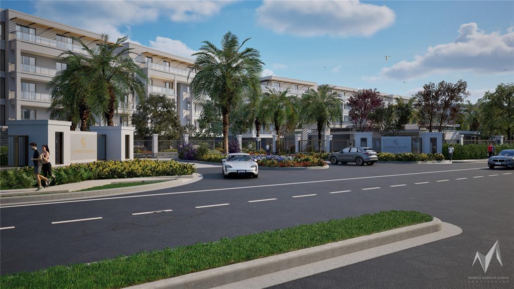 This architectural rendering shows the exterior entrance of a modern residential complex with palm trees — 10009 CRISBERT CT ROAD UNIT 203A, ORLANDO, FL