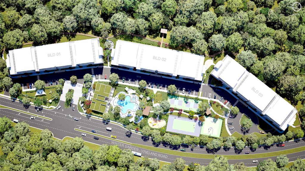 This architectural rendering shows three residential buildings with a pool and sports courts — 10009 CRISBERT CT ROAD UNIT 203A, ORLANDO, FL