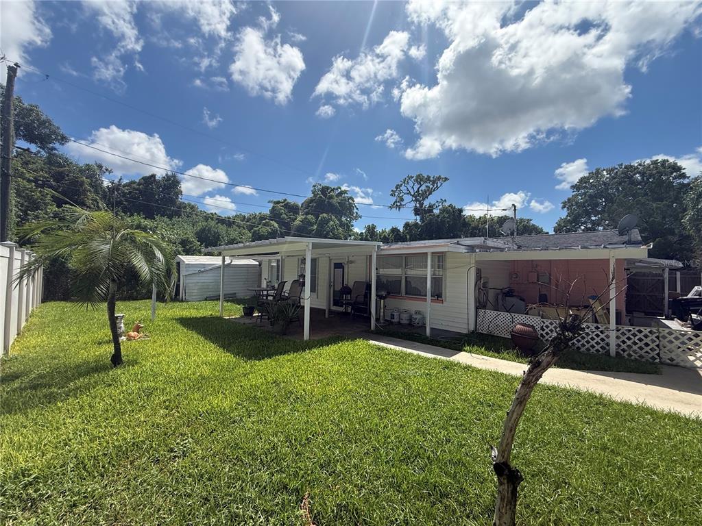 A backyard view of a single-story house with a covered patio and a palm tree — 1650 AQUA LANE, HOLIDAY, FL