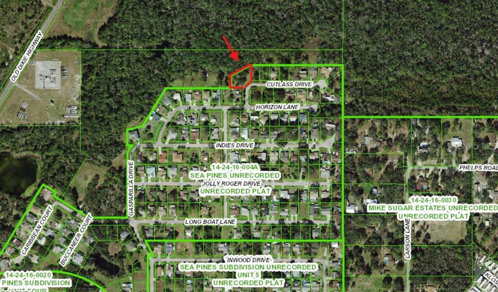 This is an aerial map showing a highlighted parcel of land within a residential subdivision — LOT 285 CUTLASS DRIVE, HUDSON, FL