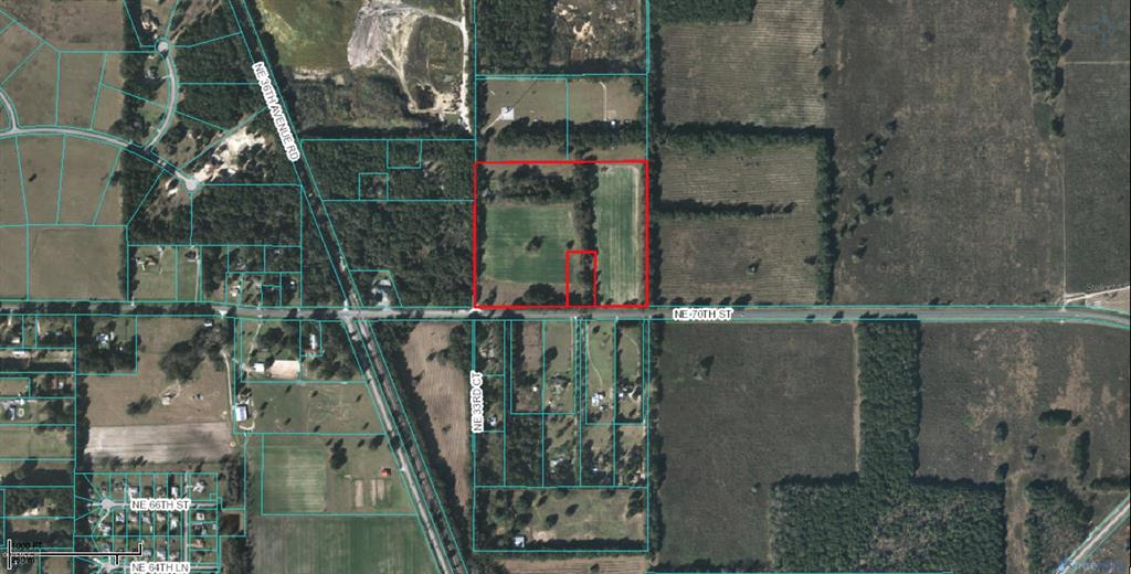 This is an aerial map showing a rectangular property parcel outlined in red along a road — 7237 NE 33rd COURT, ANTHONY, FL