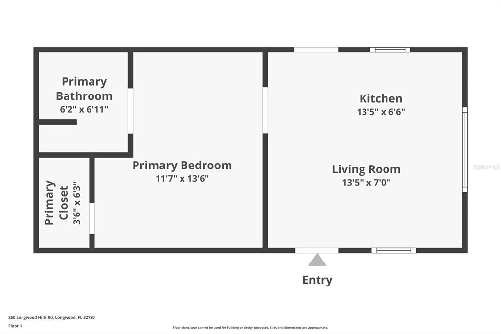 This is a floor plan showing a primary bedroom, bathroom, closet, living room, and kitchen — 250 LONGWOOD HILLS ROAD, LONGWOOD, FL