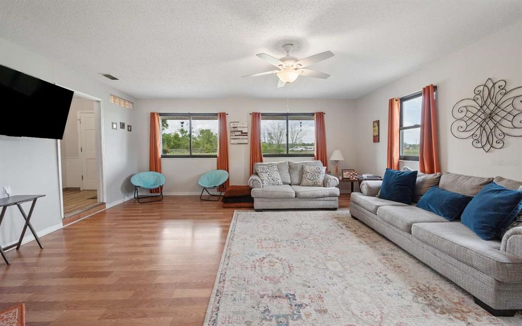 A living room features wood-look flooring, a gray sofa, a patterned area rug, and ceiling fan — 3582 210TH PATH, LAKE CITY, FL