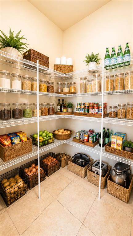 A walk-in pantry features white wire shelving stocked with organized food containers, baskets, and appliances — 7605 ALOMA PINES COURT, WINTER PARK, FL