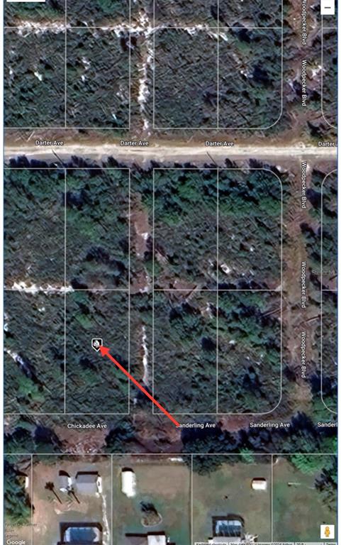 This is a satellite map view showing a wooded, undeveloped residential lot with a location marker — 508 SANDERLING AVENUE, SEBRING, FL