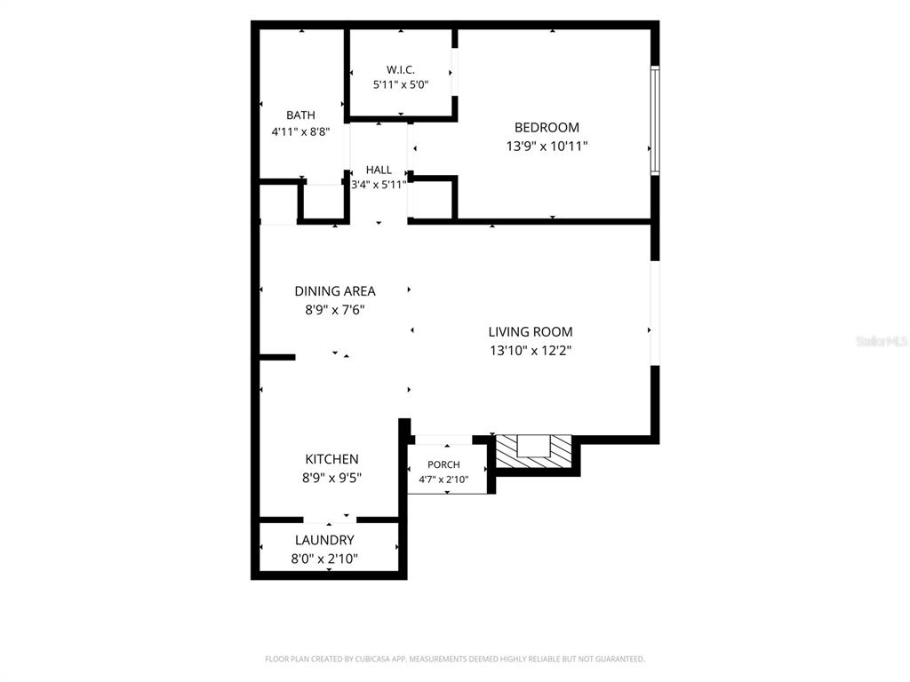 This is a floor plan of a one-bedroom apartment with a kitchen, living room, and porch — 2550 N ALAFAYA TRAIL UNIT 5203, ORLANDO, FL