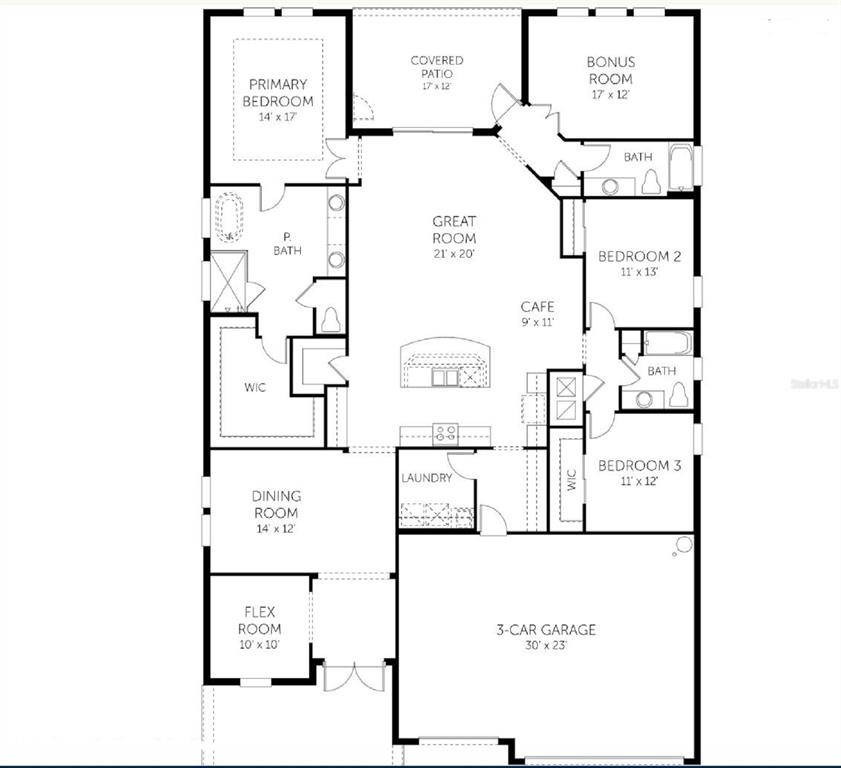 This is a floor plan for a single-story house with three bedrooms and a garage — 17027 COTTONTAIL CIRCLE, PUNTA GORDA, FL