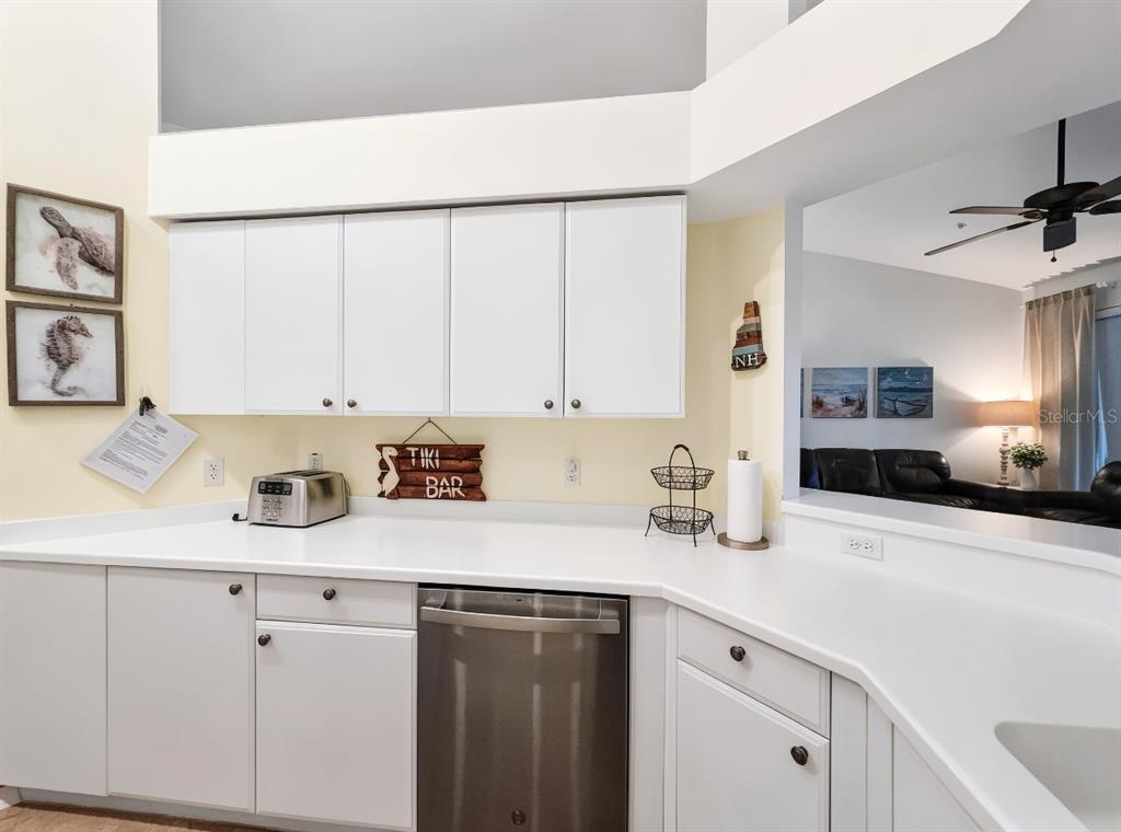 A kitchen features white cabinets, white countertops, a stainless steel dishwasher, and a pass-through window — 8175 CELESTE DRIVE UNIT 1229, NAPLES, FL