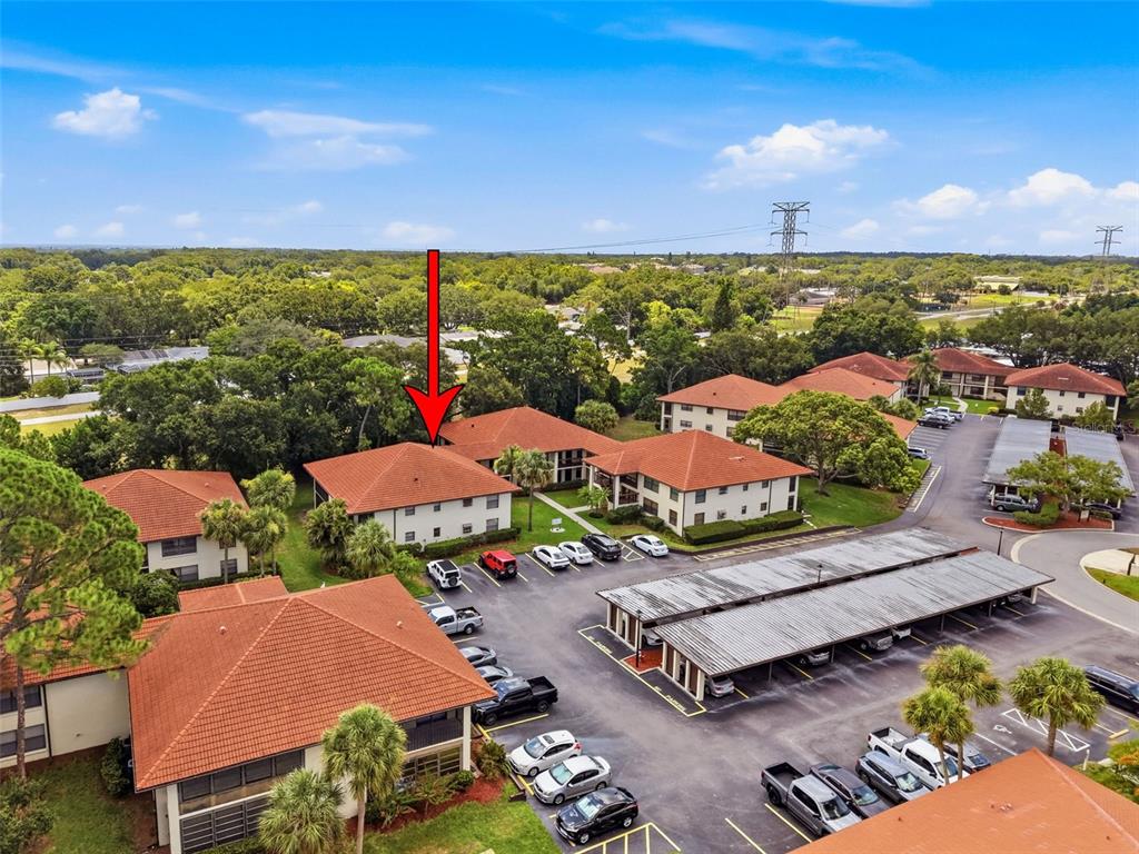 An aerial view shows a multi-story apartment complex with red tile roofs and parking — 1309 HAMMOCK PINE BOULEVARD UNIT 1309, CLEARWATER, FL