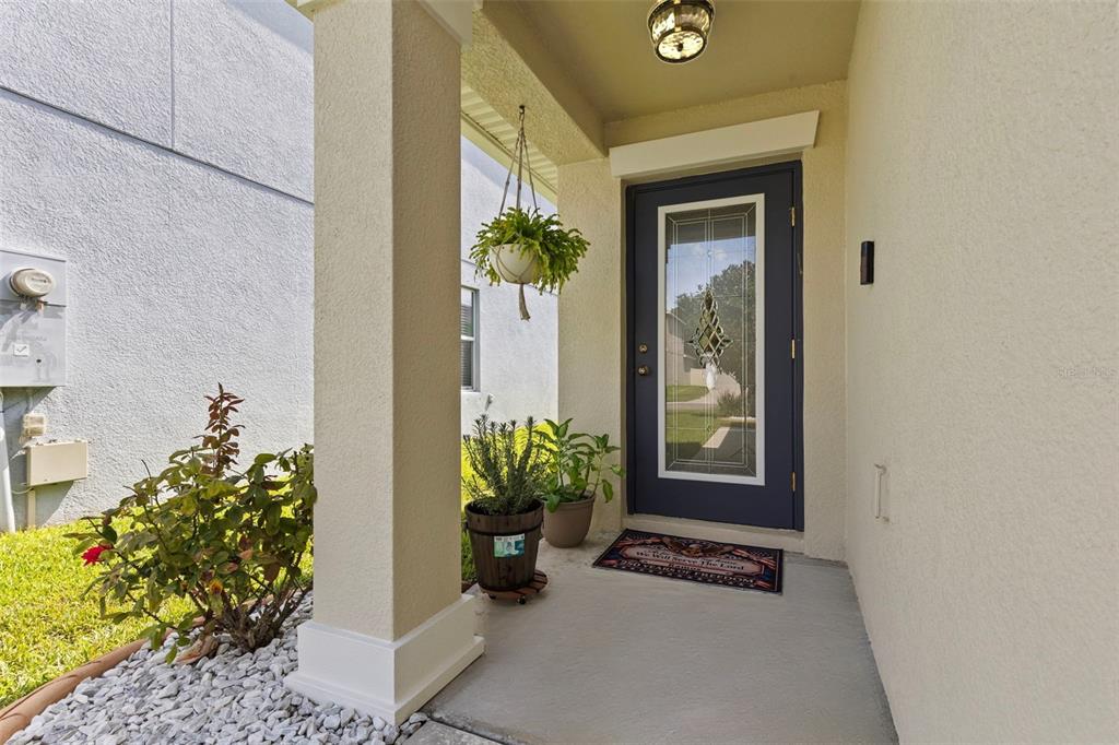 A covered entryway features a dark blue front door with a glass insert and potted plants — 1749 BROAD WINGED HAWK DRIVE, RUSKIN, FL